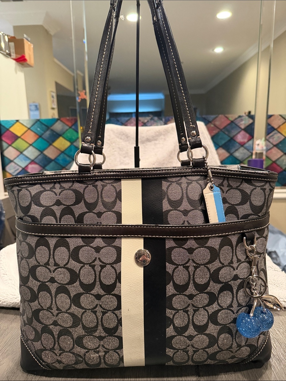 Coach Black Signature Stripe Workout/Diaper bag with blue interior! - Picture 2 of 15